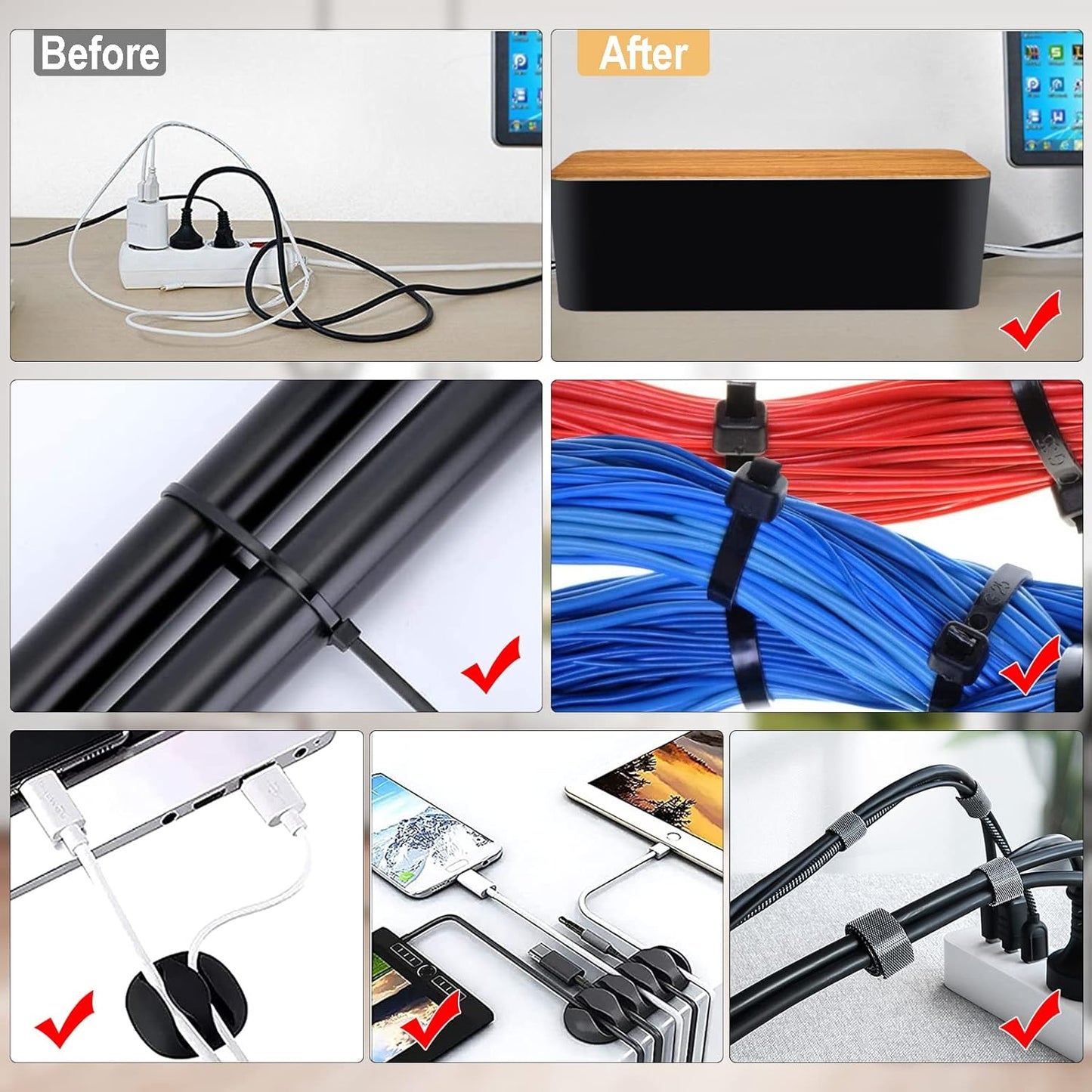 YUANYE Cable Management Box Cable Management Kit for Power Strip to Hide Wires,Cord Organizer Boxes,Safe ABS Material Wire Organizer of Cable Clips Sleeve for Home & Office,3Pack-128PCS/White