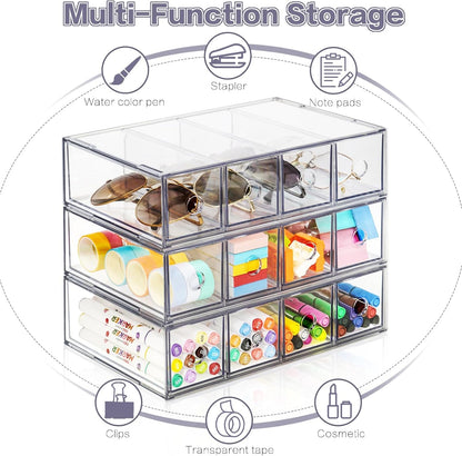 Desk Organizer with 8 Drawers, FODIENS 2 Packs Stackable Desktop Storage Box with Removable Drawer, Clear Sunglasses Organizer Display Case for Stationery Marker Pens Eyeglasses Office Supply
