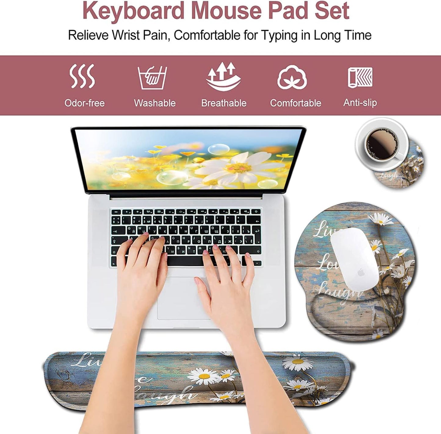 Mouse Pad with Wrist Support, Ergonomic Gel Mouse Pad Beautiful Flowers,Pink Hyacinths on Wood Panel，Non-Slip Durable, Memory Foam Keyboard Wrist Rest, Suitable for Office Typing Games