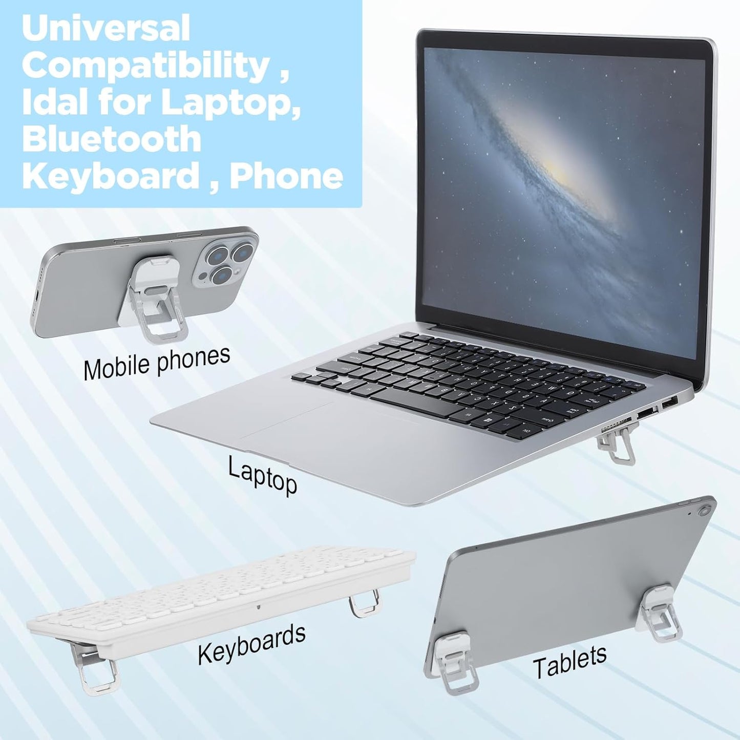 2PCS Zinc Alloy Foldable Laptop Stands, Mini Foldable Laptop Stand, Portable Computer Keyboard Riser, Self-Adhesive Invisible Notebook Stand with 2 Adjustable Angles, Keyboard Lift for Desk (Silver)