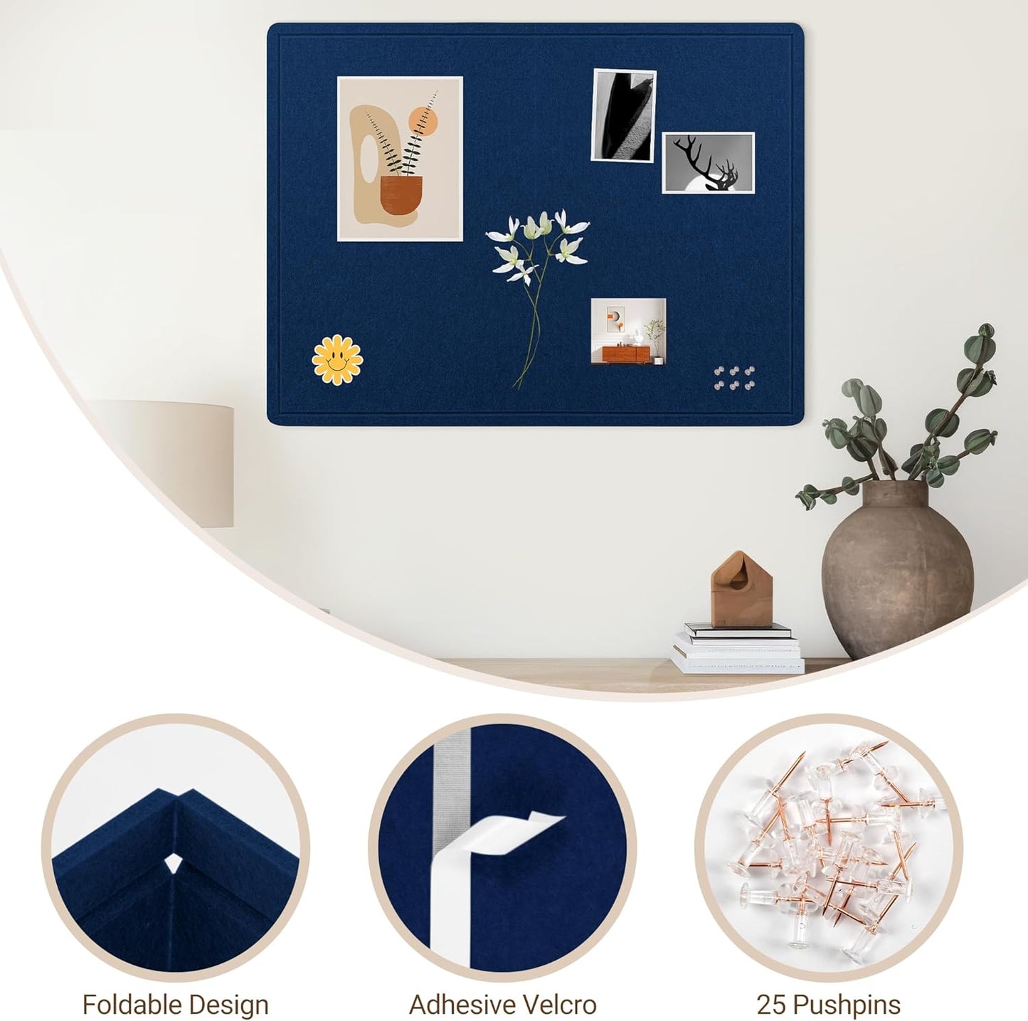 AKTOP Bulletin Board, 24" x 16" Foldable Felt Notice Pin Board for Wall, Decorative CorkBoard Photo Display Board with Self-Adhesive Tape, Vision Board Cork Board Alternative with 25 Pushpins - Latte