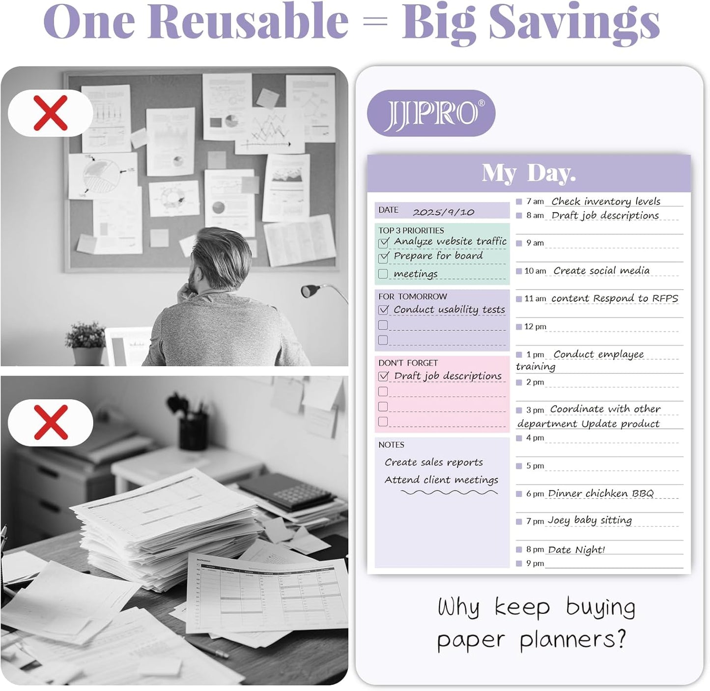 JJPRO Reusable Desktop Daily Planner with Stand,Reusable Time Schedule Board,11"x8.5" Hourly Schedule Dry Erase Board with Time Slots,Desk Hourly Dry Erase Board w/Engineered Wood Stand-Sage Green