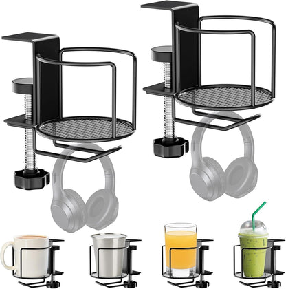 2-in-1 Desk Cup Holder with Headphone Hanger,Anti-Spill Table Water Bottle Holder,Clamp On Table Metal Drinking Holder,Compatible with Universal Cups/Bottles/Mugs/Cans/Tumblers/Thermoses/Glass,1Pack