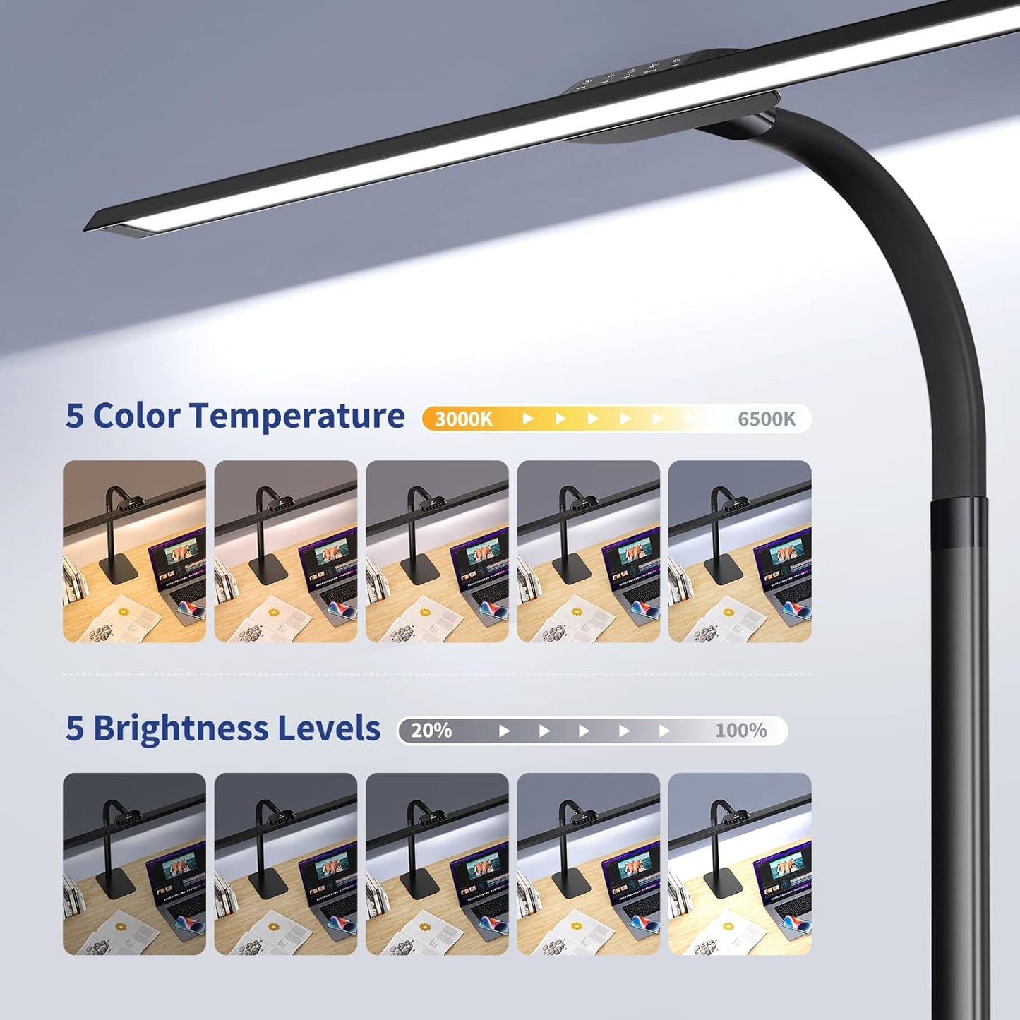 Desk Lamp with USB Charging Port for Home Office 24w Architect Remote Base Dual Task Led Light Modern 5 Color Modes Dimmable Adjustable Gooseneck Double Head Reading Drafting Eye Caring Tall Lamps