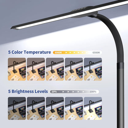Desk Lamp with USB Charging Port for Home Office 24w Architect Remote Base Dual Task Led Light Modern 5 Color Modes Dimmable Adjustable Gooseneck Double Head Reading Drafting Eye Caring Tall Lamps