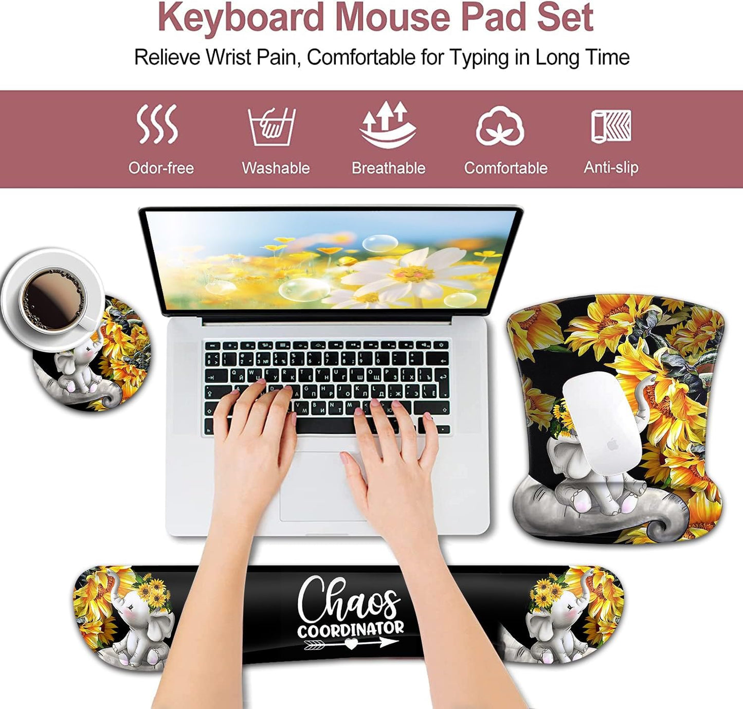 Mouse Pad with Wrist Support, Ergonomic Gel Mouse Pad Beautiful Flowers,Non-Slip Durable, Memory Foam Keyboard Wrist Rest, Suitable for Office Typing Games, Pink Hyacinths on Wood Panel