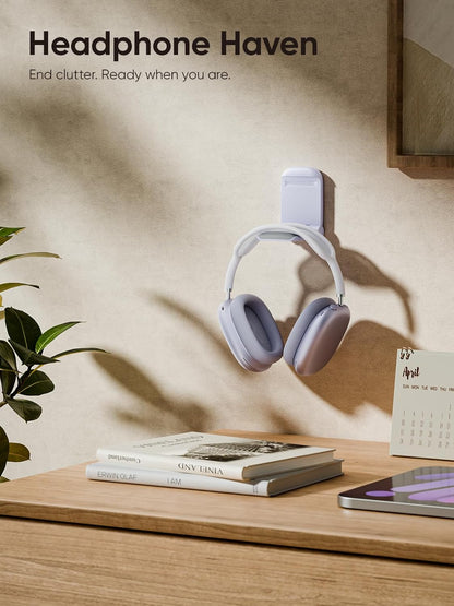 MAMUVIMO Headphone Stand, Headset Stand Foldable ＆ Sticky, Headphone Holder Hook Mount with Non-Slip Silicone, Adhesive Earphone Desk Hanger Clip Space-Saving for Airpods Max, All Earphones- Pink