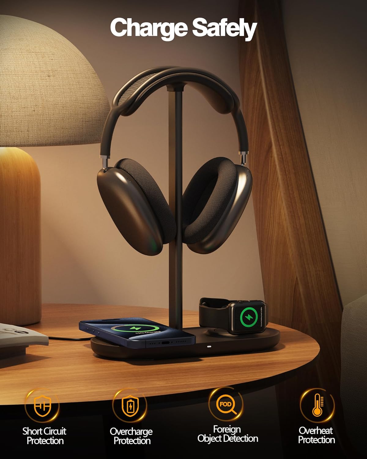 HiWe 4-in-1 RGB Gaming Headphone Stand with Dual Controller Holder, Wireless Charger for iPhone/Apple Watch, USB-A & USB-C Outputs, Adapter Included, Black