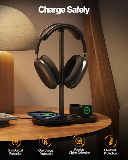 HiWe 4-in-1 RGB Gaming Headphone Stand with Dual Controller Holder, Wireless Charger for iPhone/Apple Watch, USB-A & USB-C Outputs, Adapter Included, Black