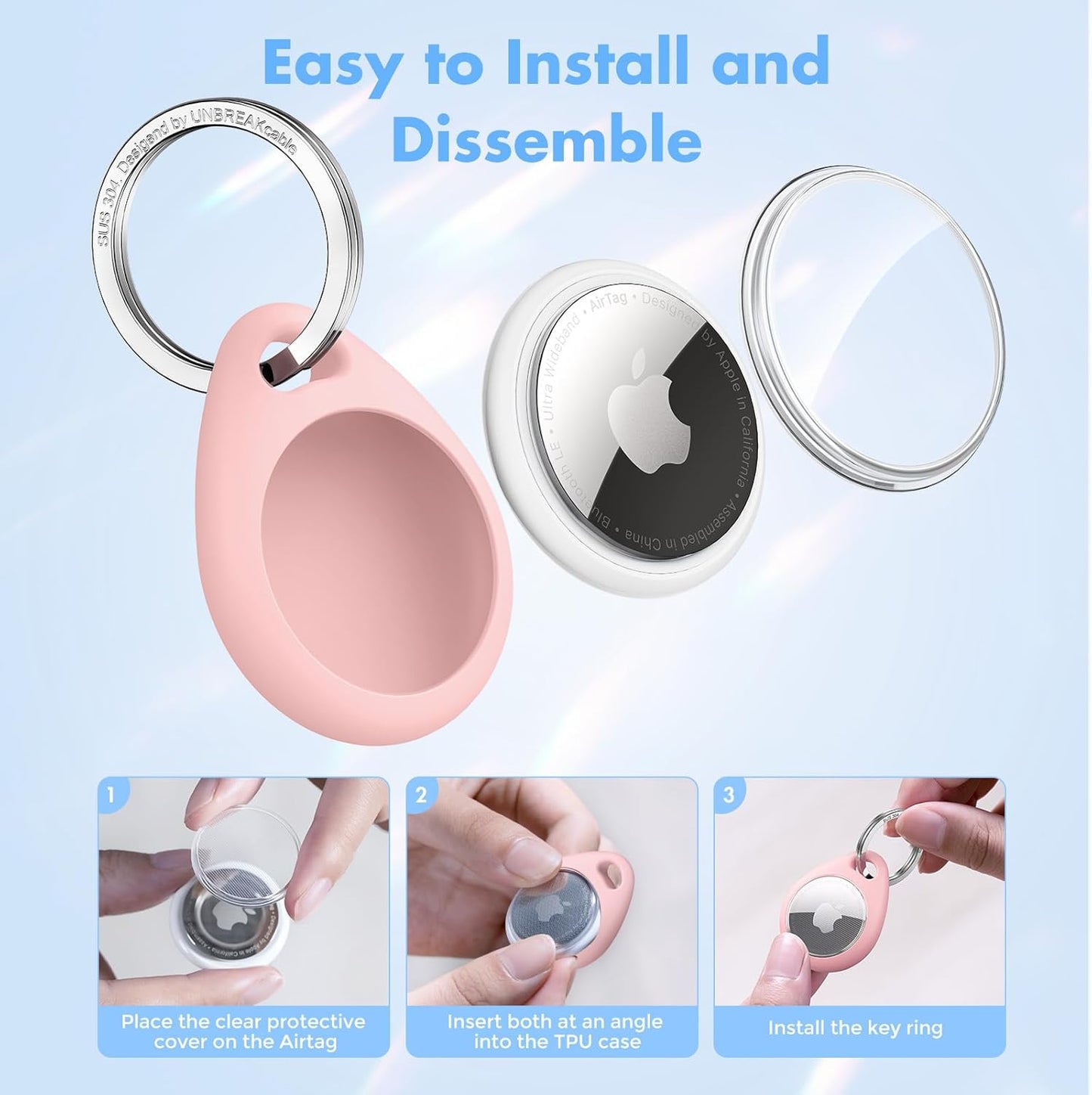 UNBREAKcable AirTag Holder for Apple - 4 Pack Air Tag Case [Fit Tightly Design] [Easy to Install] [Hold Securely] Waterproof TPU Protective Cover with Metal Keychain for Kids,Pet,Luggage,Backpack,Keys