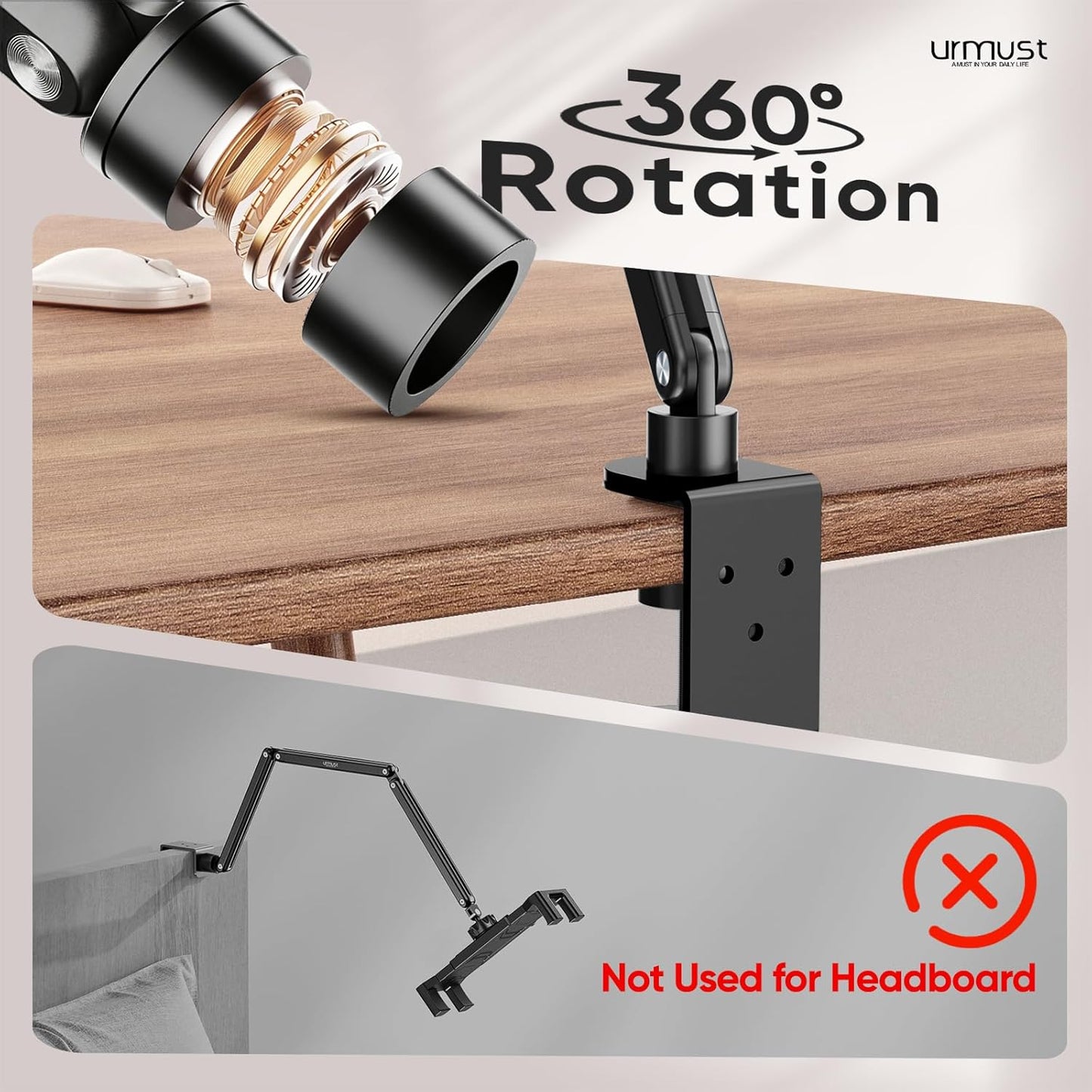 Urmust Tablet Stand for Desk, Adjustable iPad Holder for Bed, 360° Rotation, Sturdy Aluminum Tablet Arm Mount for 4.7"-15.6" iPad Pro/Air/Mini, iPhone, Galaxy Tab, for Kitchen, Work, Video Call