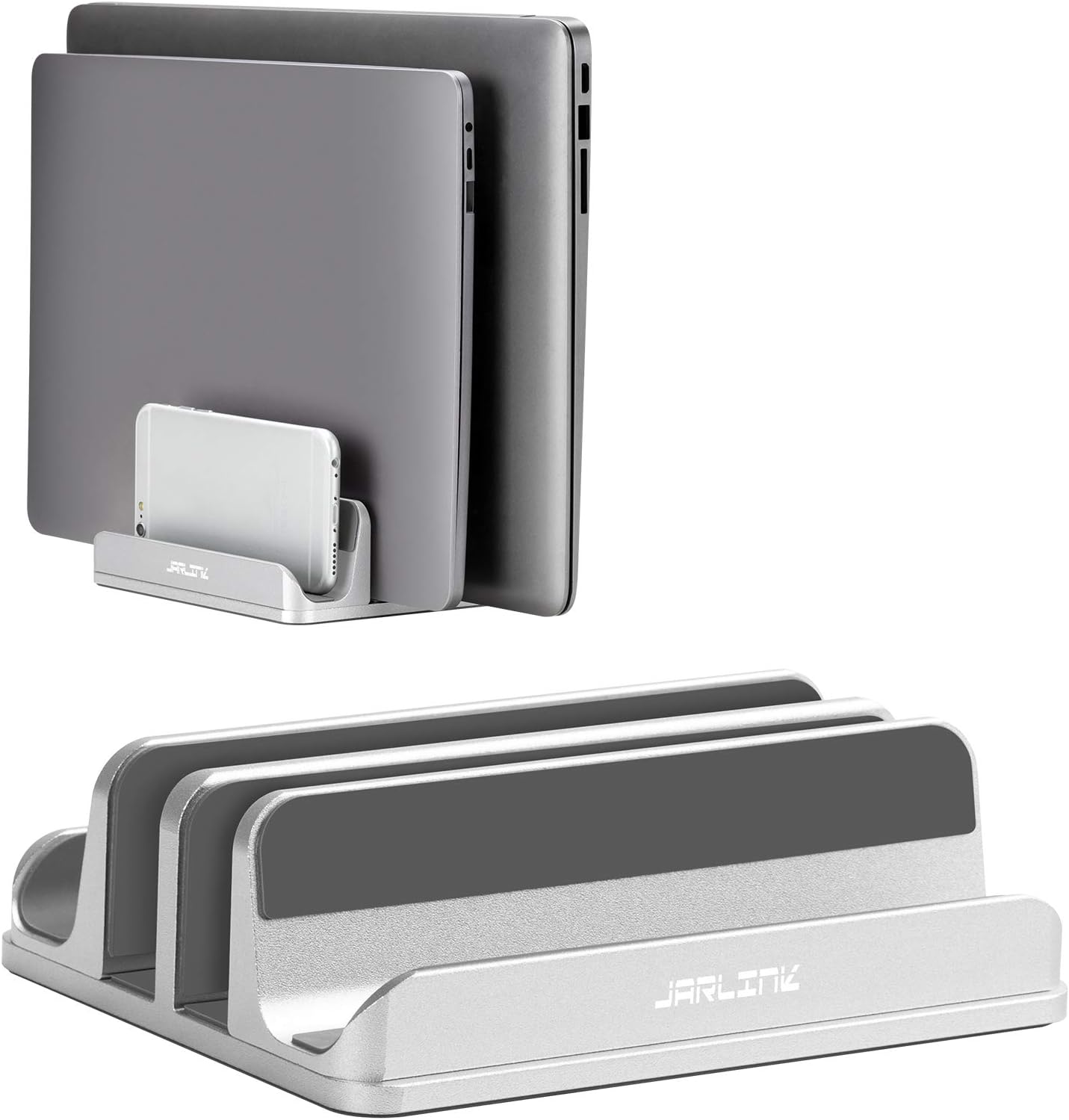 JARLINK 4-in-1 Adjustable Vertical Laptop Stand Holder, Aluminum Dual Slots Laptop Rack for Desk, Space-Saving Organizer Compatible with All MacBook, Surface, Chromebook, and Gaming Laptops (Grey)