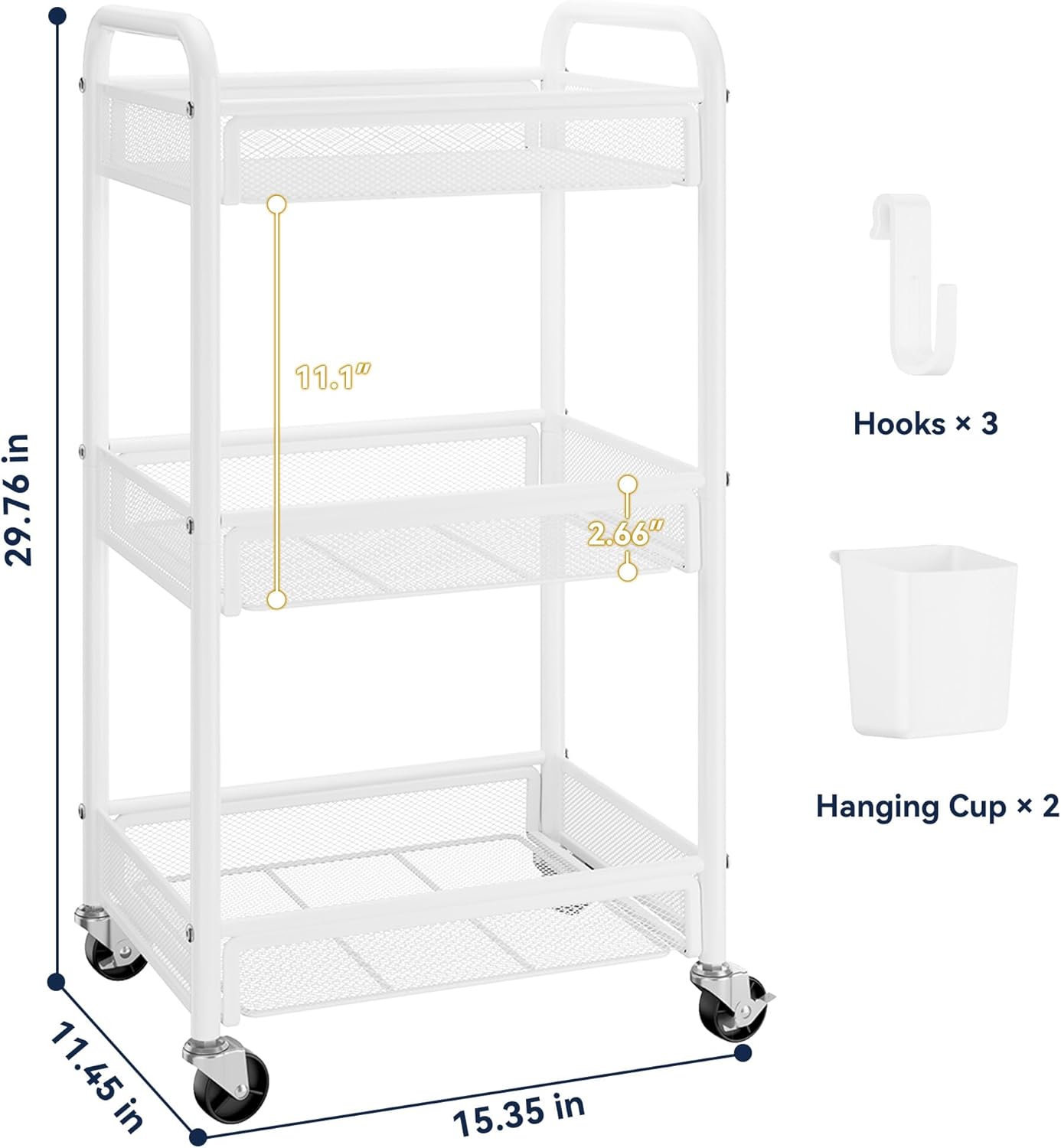 YASONIC 3 Tier Rolling Cart – Metal Utility Storage Carts with Wheels, Craft Carts Organizer with Hanging Cups, Hooks, Mesh Basket for Bedside Kitchen Office Art, Green
