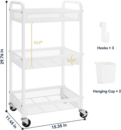 YASONIC 3 Tier Rolling Cart – Metal Utility Storage Carts with Wheels, Craft Carts Organizer with Hanging Cups, Hooks, Mesh Basket for Bedside Kitchen Office Art, Green