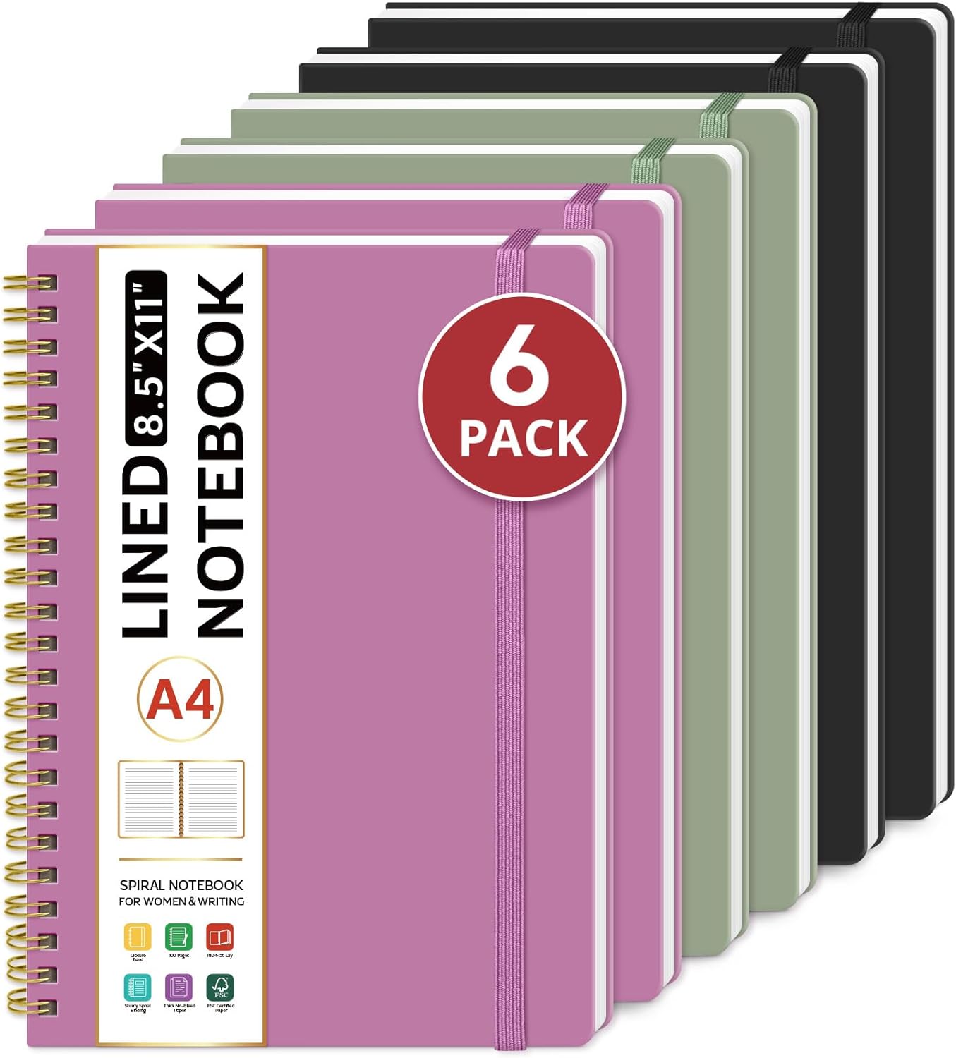 Taja Spiral Lined Notebook, 8.5"x11" Notebooks for Work, Large A4 Journal for Women & Men, College Ruled Journaling Notebook for Writing, Plastic Cover Spiral Journal, Purple