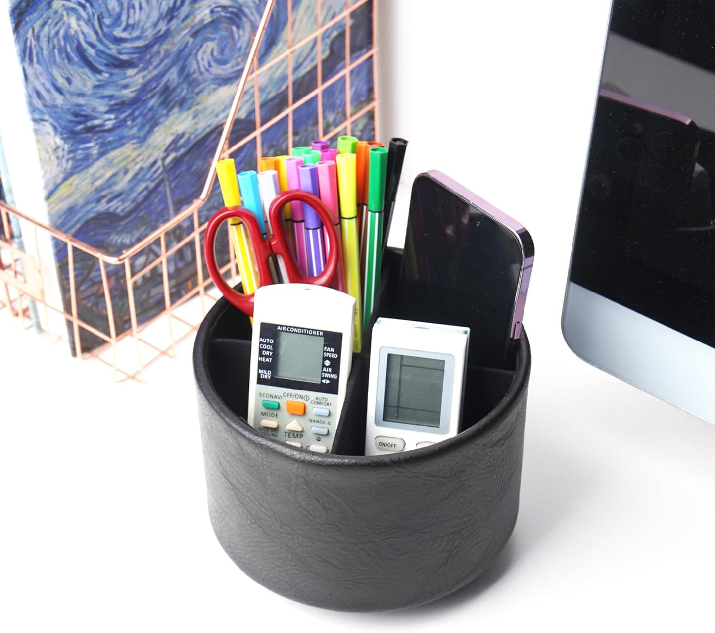 Round Leather Art Supply Organizer,Remote Control Holder,360 Degree Rotating,Multi-Functional Pencil Holder,4 Compartments Desktop Stationary Organizer(1-Fractal Flower) | Round - Colors B