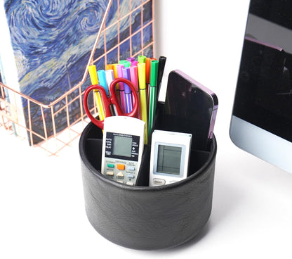 Round Leather Art Supply Organizer,Remote Control Holder,360 Degree Rotating,Multi-Functional Pencil Holder,4 Compartments Desktop Stationary Organizer(1-Fractal Flower) | Round - Colors B