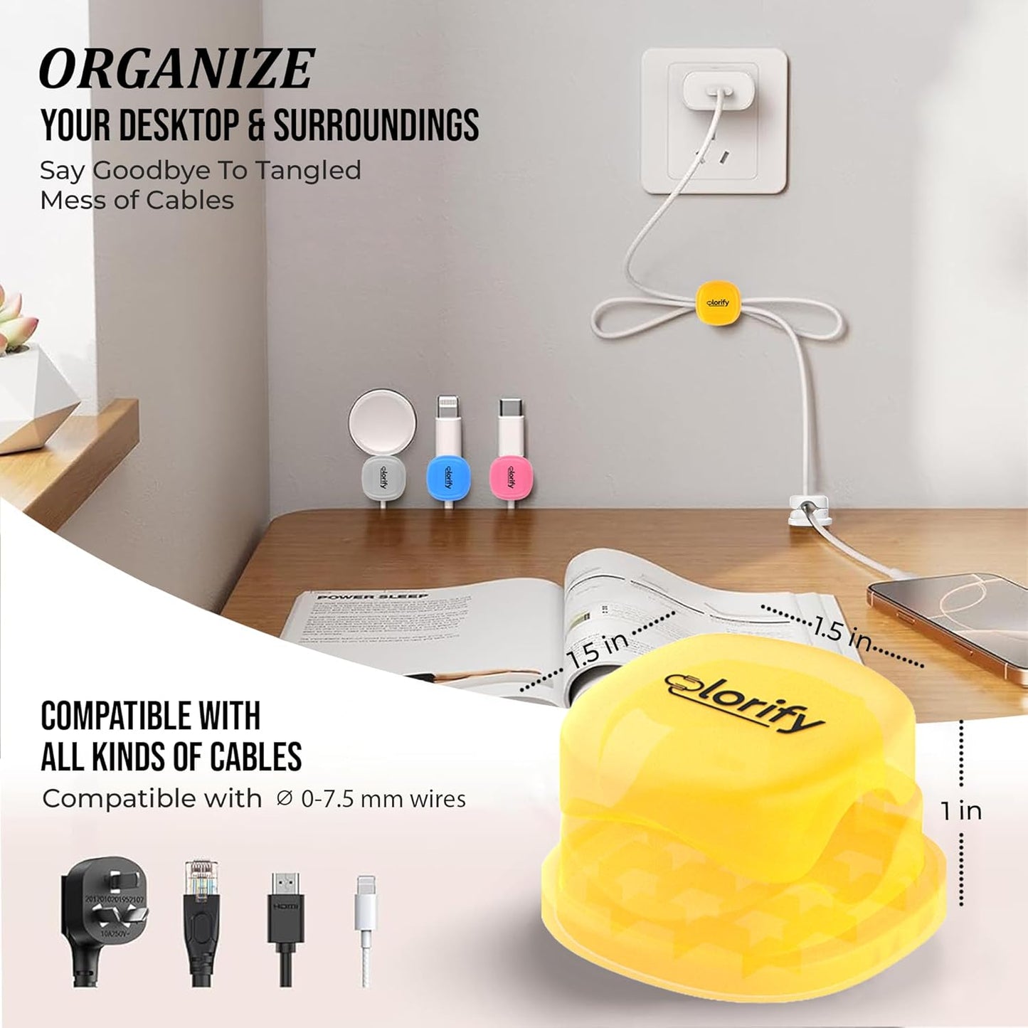 8 Pack Spring Cord Holder Clips [360° Rotatable, 1-Hand Use] — Adhesive Cable Clips for Nightstand, Desk, Wall & Kitchen | Phone Charger Cord Holder | No-Residue | Fits 2.5–8mm Cables