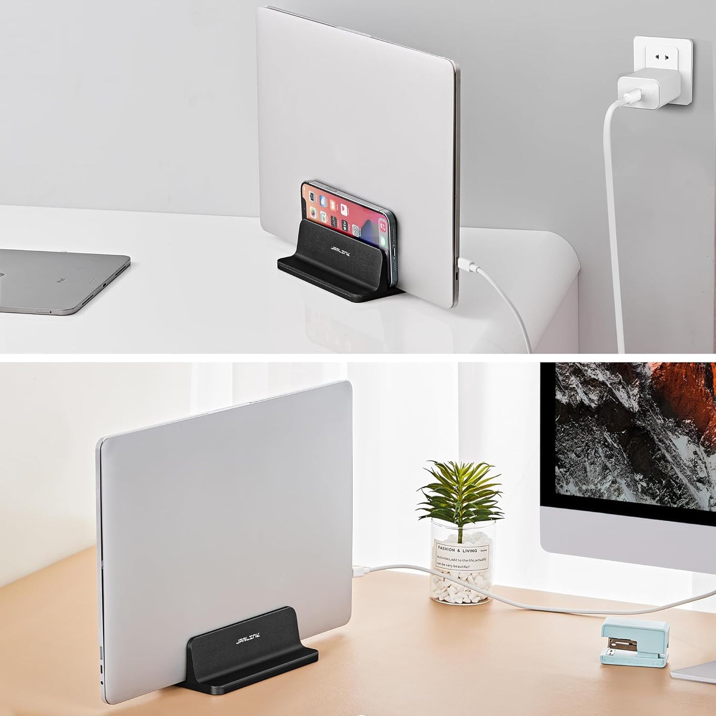 JARLINK Vertical Laptop Stand Holder, Aluminum Double Desktop Stand Holder with Adjustable Dock (Up to 17.3 inch), Compatible with MacBook, Surface, Chromebook, and Gaming Laptops, Silver