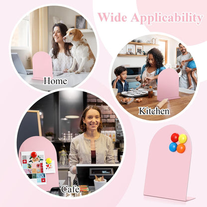 Shimeyao 2 Pcs Pink Magnetic Bulletin Board for Tabletops with 8 Magnets 10x7 Inch Memo Display Easel Stand for Home Office School Kitchen Table Supplies (Arched)