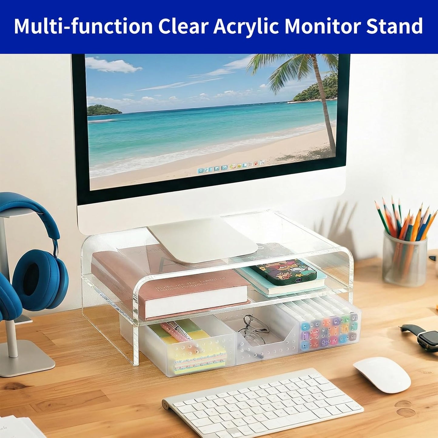 OPNICE Wood Desk Organizers and Accessories, 2-Tier Computer Monitor Stand Riser with Drawer and 2 Pen Holders, Laptop Stand, Office Desk Accessories for Office Supplies, Brown