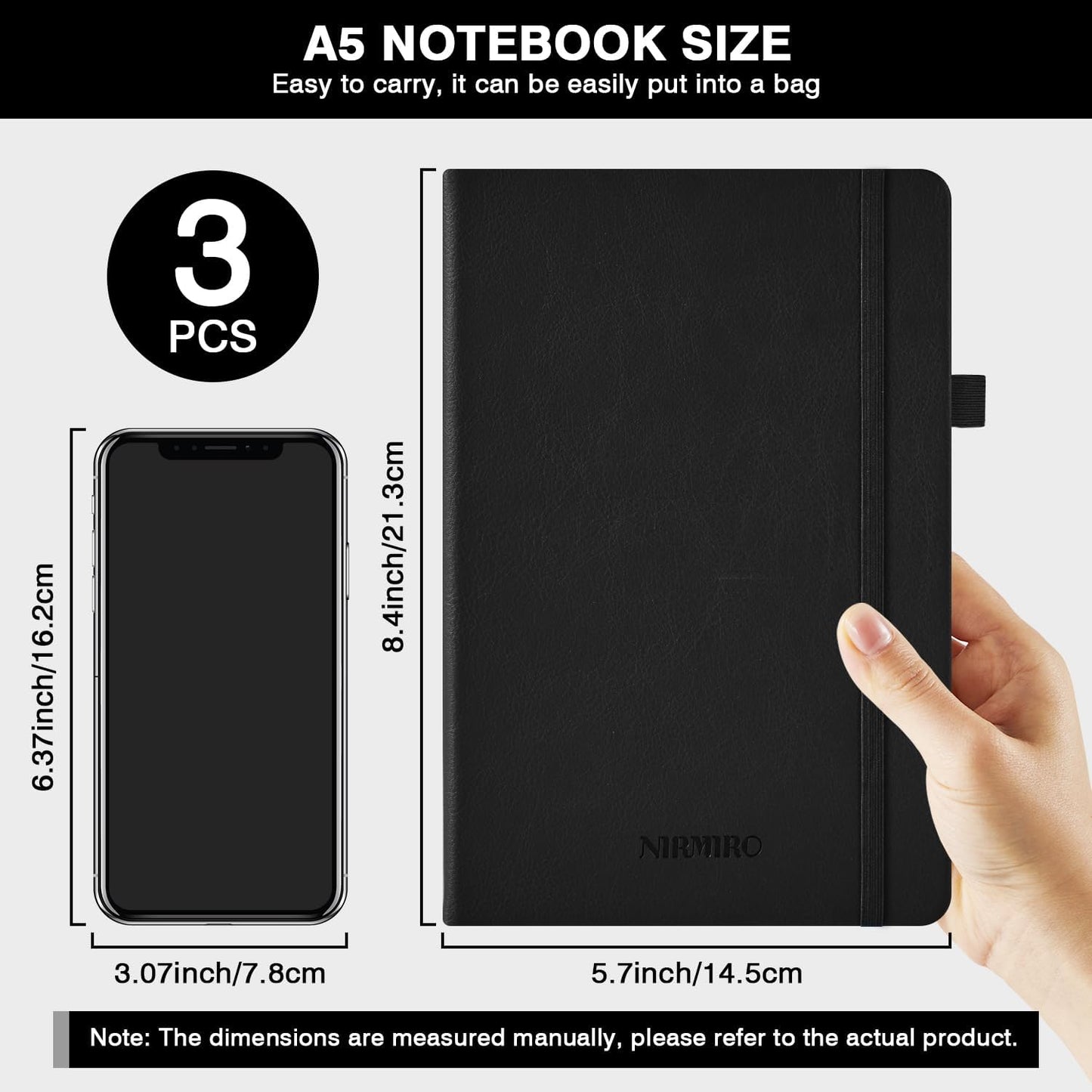 NIRMIRO 3 Pack Pocket Notebook Journals, Small Notepad Notebooks for Note Taking, A6 Mini Note pads with Pen Holder, 408 Lined Pages, 3.7" x 5.7", Black, Brown, Blue