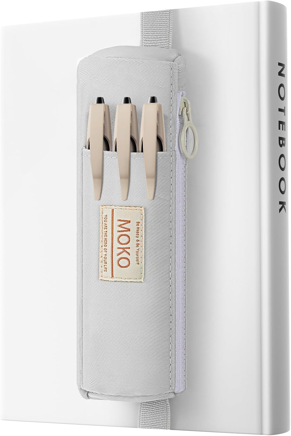 MoKo Pen Holder for Notebook, Pencil Pouch with Adjustable Elastic Band, Slim Portable Zipper Pen Pouch Holder for Planners, Journals, Book, Pink