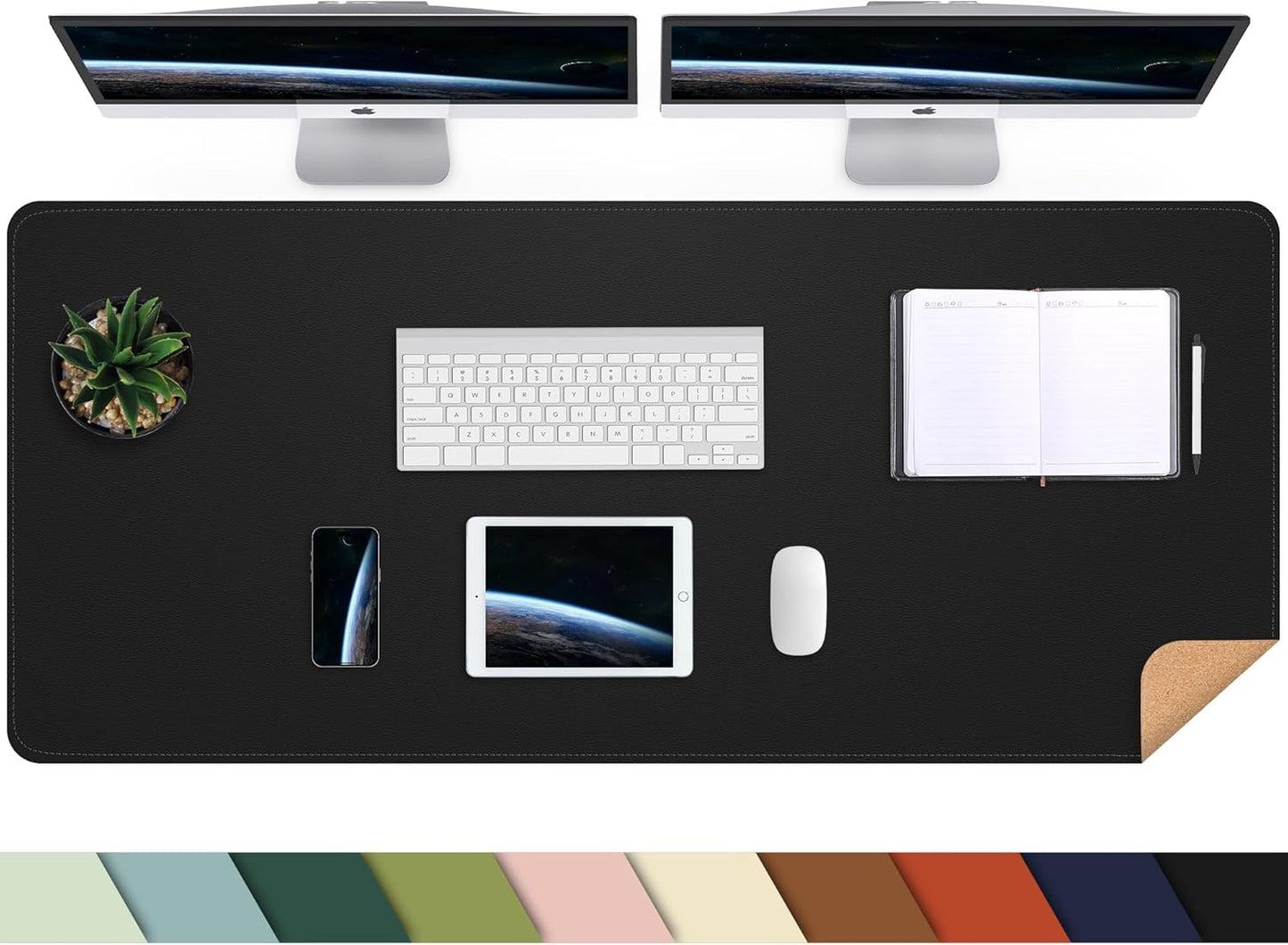AFIING Large Desk Mat 47" x 17", Dual-Sided Natural Cork & PU Leather Desk Pad, Non-Slip Waterproof Mouse Pad for Office, Home & Gaming, Black