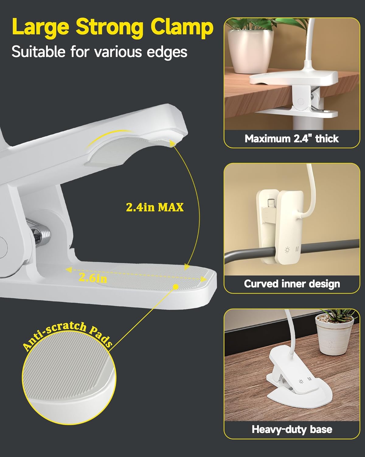CUHIOY Desk Lamp Clip on Reading Light, USB-C Battery-Operated Rechargeable Table Lamps with Clamp for Dorm Home Office, 38LEDs Bed Headboard Light, 5 Colors 5 Brightness, Flexible Gooseneck (Black)
