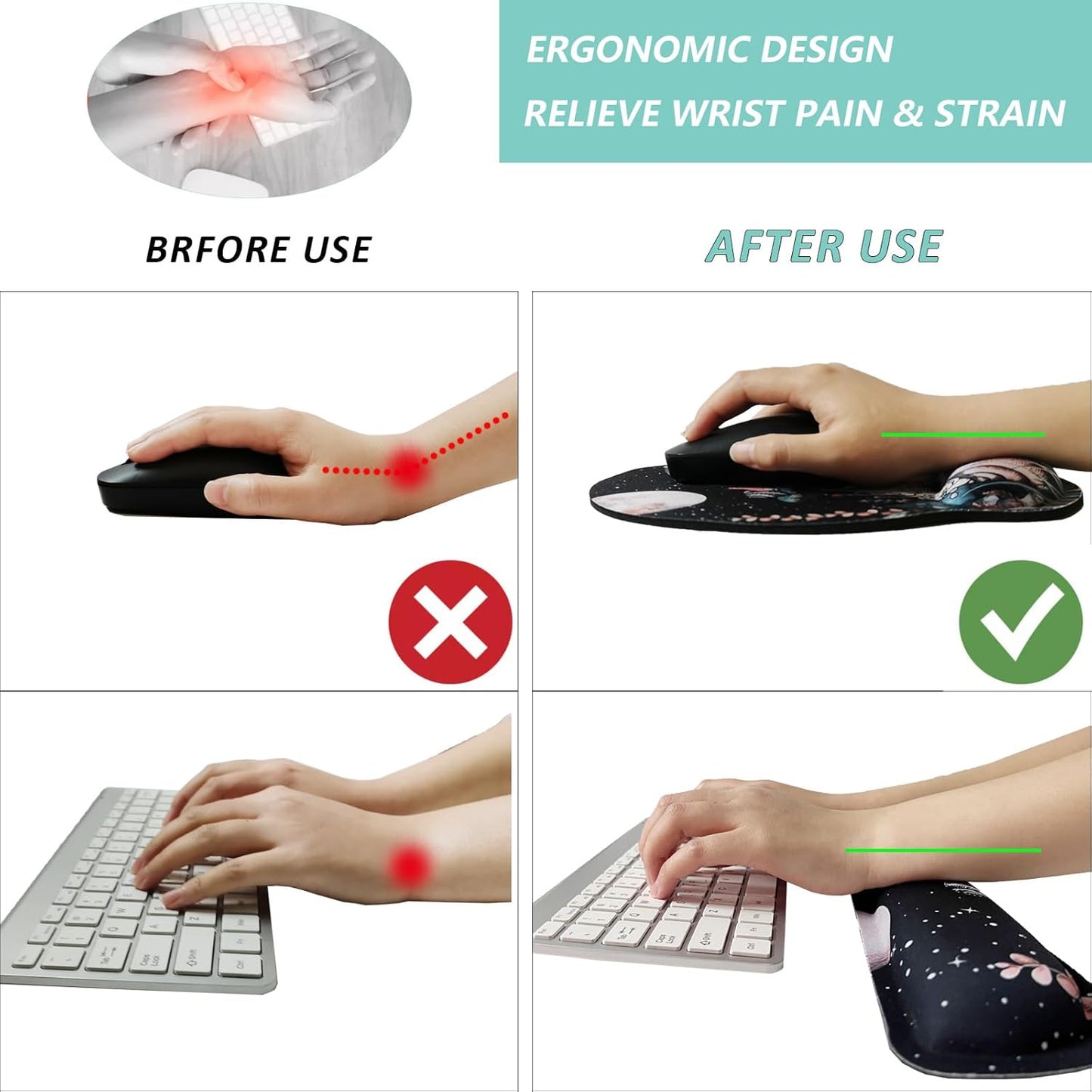 Keyboard Wrist Rest Pad Mouse Pad with Wrist Support Set of 3, Mousepad with Non-Slip Rubber Base, Ergonomic Memory Foam Mouse Wrist Cushion Support for Home Office Laptop Computer Gaming, Forest