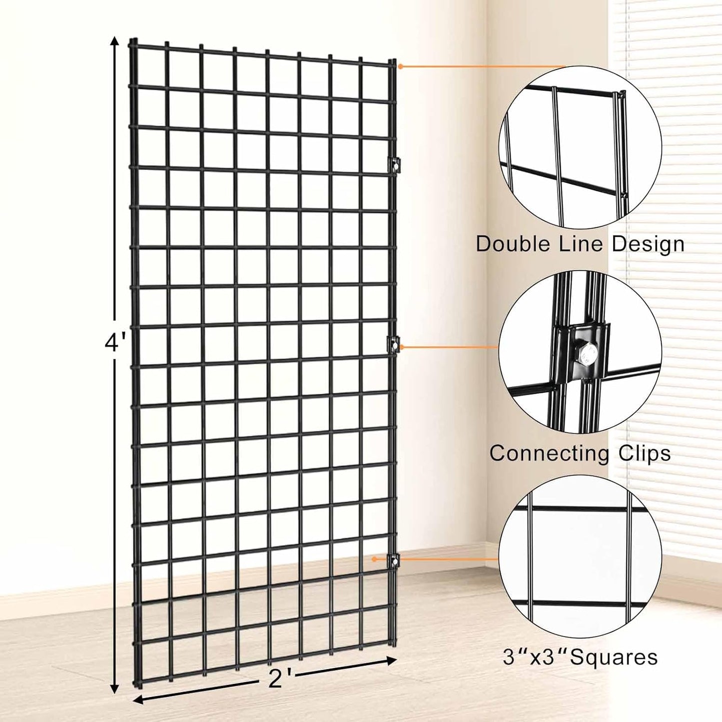 2' x 4' Black Gridwall Panels, 4-Pack Heavy-Duty Wire Grid Panel with 9 Connectors & 20 Hooks, Commercial & Home Wall Grid Display for Retail, Craft Shows, and Room Organization – 3" x 3" Grid