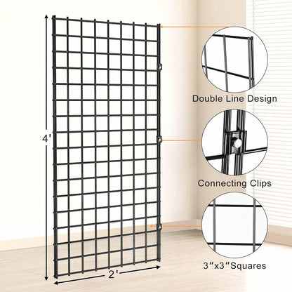 2' x 4' Black Gridwall Panels, 4-Pack Heavy-Duty Wire Grid Panel with 9 Connectors & 20 Hooks, Commercial & Home Wall Grid Display for Retail, Craft Shows, and Room Organization – 3" x 3" Grid