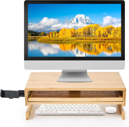 Wood Monitor Stand Riser Organizer for Desk Top with Storage Drawer & Phone Holder,Bamboo Monitor Stand with Keyboard Tray, Non Slip Desk Riser, Desk stand for computer monitor