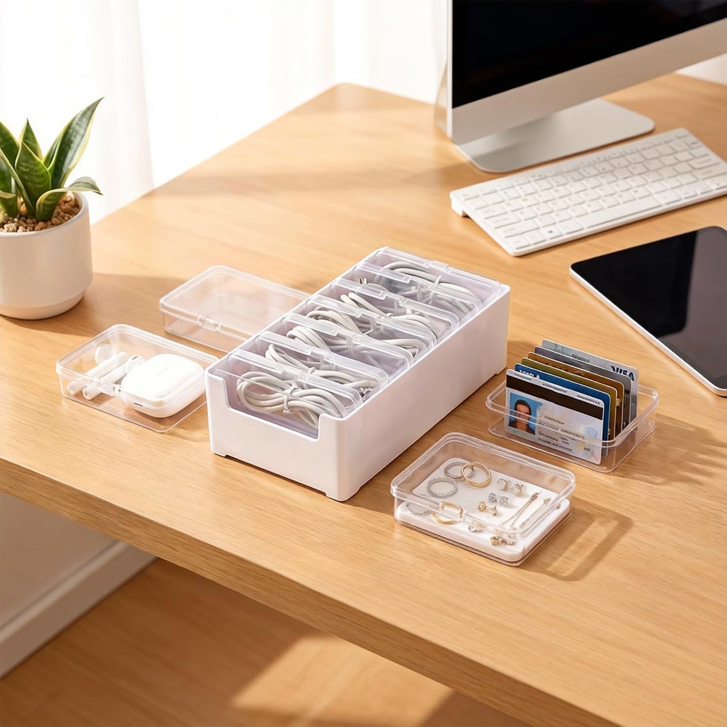 8 Individual Cable Organizer Boxes With Base, Cord Storage Organizer With Labels And Cable Straps For Charging Cables, Adapters, Earphones (8 pcs Individual Cable, 1 Pack)