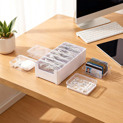 8 Individual Cable Organizer Boxes With Base, Cord Storage Organizer With Labels And Cable Straps For Charging Cables, Adapters, Earphones (8 pcs Individual Cable, 1 Pack)