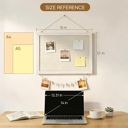 DOLLAR BOSS Bulletin Boards with Linen 1-Pack 16''X 12'' Double-Sided Cork Board for Walls Wood Framed Bulletin Boards, Small Pin Board for Home Kitchen Office Decorative Hanging 10 Pushpins