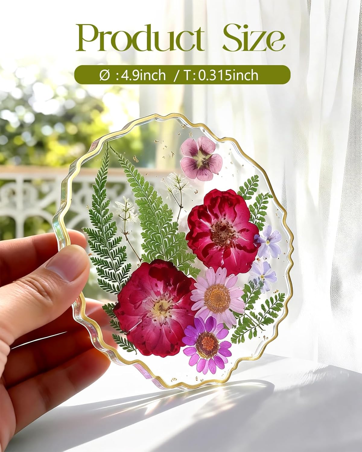 Oqplog Resin Drink Coaster for Desk Coffee Table-Pink White Cute Dried Flowers Cup Coaster for Work Office Home Outdoor Decor Gifts for Girls Women,1 Pcs Wave