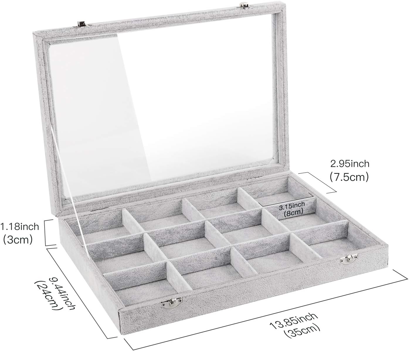 Emibele Glasses Organizer Jewelry Tray, 8 Grids with Clear Lid Velvet Tray Watch Storage Stackable Jewelry Showcase Display Storage with Detachable Inner Dividers, Beige