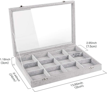 Emibele Glasses Organizer Jewelry Tray, 8 Grids with Clear Lid Velvet Tray Watch Storage Stackable Jewelry Showcase Display Storage with Detachable Inner Dividers, Beige