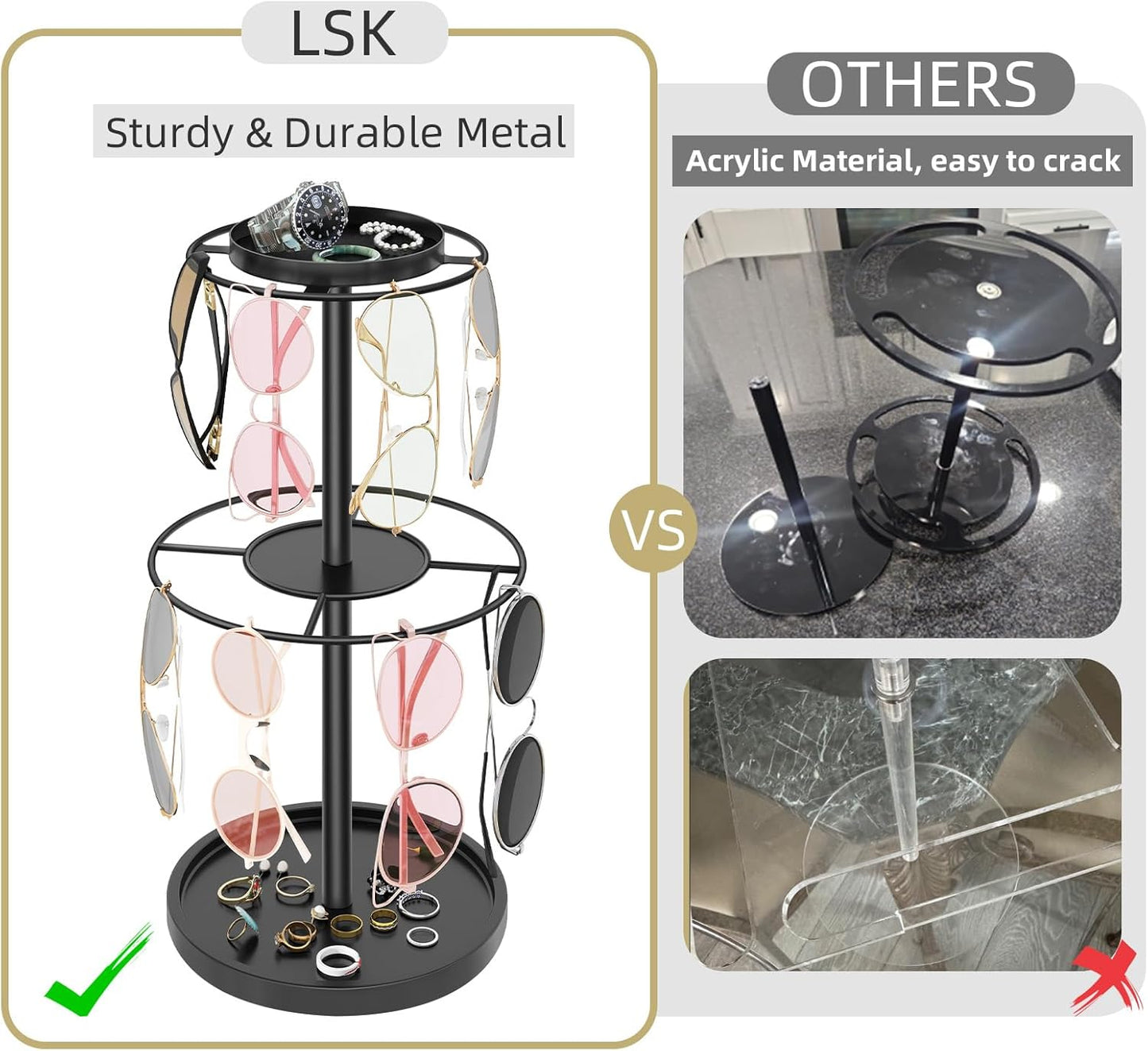 LSK Metal Sunglasses Organizer, Glasses Holder Stand with Storage Tray, Eyeglasses Holder with Anti-Slip Pads for Tabletop, Desk, Dresser, Matte Black