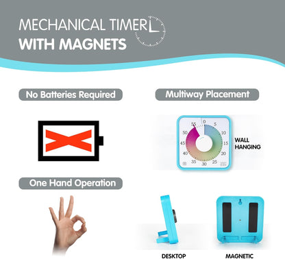 Visual Timer 7.5 inch; 60 Minute 1 Hour Countdown Timer for Kids Classroom Teaching Tool Home Office Meeting, Mechanical Countdown Clock for Exam Time Management Magnetic, Sky Blue with Colorful Disc