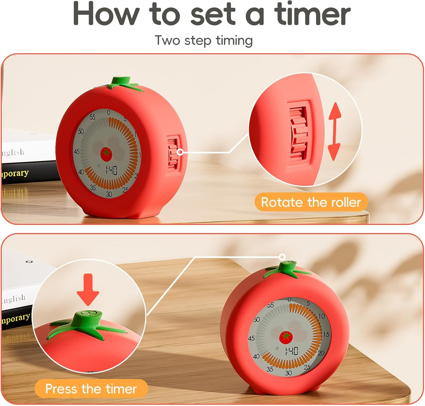 Tomato Visual Timer for Kids, 299 Minute Cute Pomodoro Countdown Timer, Kitchen Cooking Helper Timer with Pause Function, Clock and Alarm, Digital Timer for Classroom, Office and Meetings
