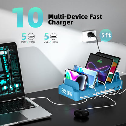420W Charging Station for Multiple Devices, Zobirez 10-Port USB C Fast Charger Stations for MacBook, iPhone, Android Cell Phone, iPad, Tablet, Family Multi-Device Organizer Charging Dock, White