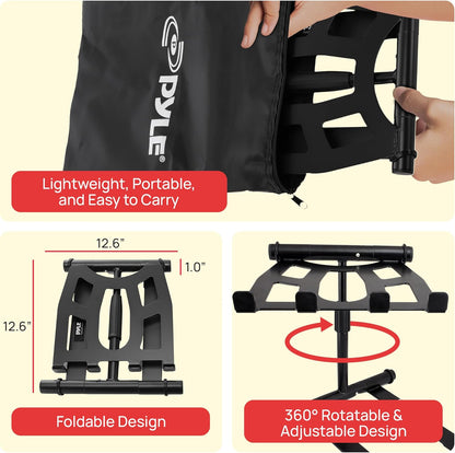 Pyle Portable Folding Laptop Stand - Standing Table with Adjustable Angle, Foldable Height and Four Prong Anti-Slip Tray for iPad, Tablet, DJ Mixer, Workstation, Gaming and Home Use - PLPTS55