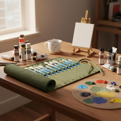 Paint Brush Holder, 22 Slots Premium Canvas Brush Organizer, Roll-Up Travel Brush Case for Watercolor, Acrylic, Oil Brushes & Art Supplies (Army Green)