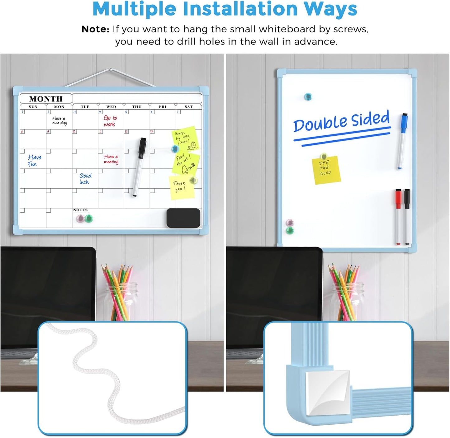 MaxGear Monthly Calendar Dry Erase Board for Wall, 16"x12" Small Hanging Double-Sided White Board, Portable Whiteboard for Planning, Drawing, Memo, to Do List, School, Home, Kitchen, Office