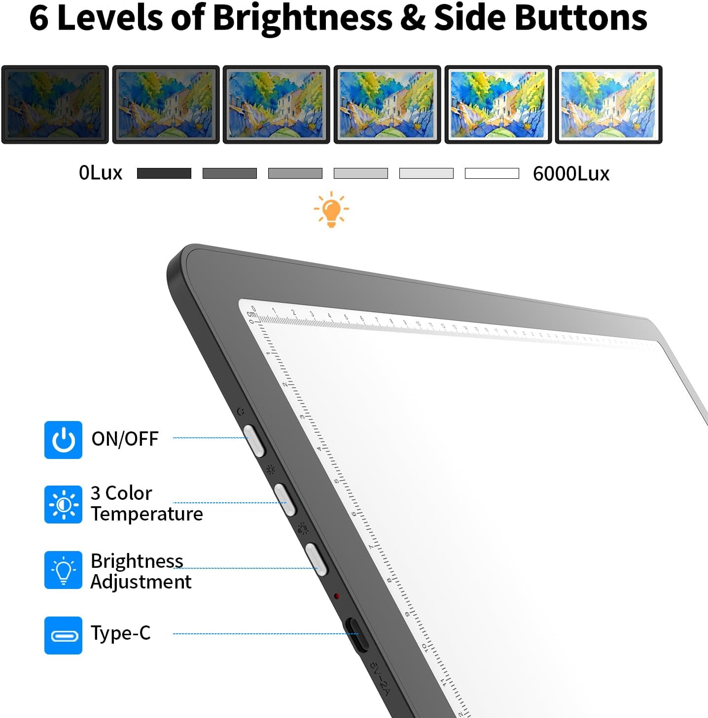 TSOCOS 11000Lux A4 Diamond Art Light Board with Carry Bag, High-Brightness Light Pad with Side Physical Buttons & 6 Levels of Brightness, 3 Colors Light Box for Tracing, Diamond Painting