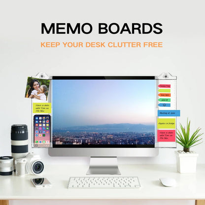 Monitor Memo Boards for Computer, Whole Transparent 2 Pack (Left & Right) Multifunction Acrylic Screen Message Reminder Pad Side Panel Phone Holder Organizer for Office Desktop, with Pen & Sticky Note