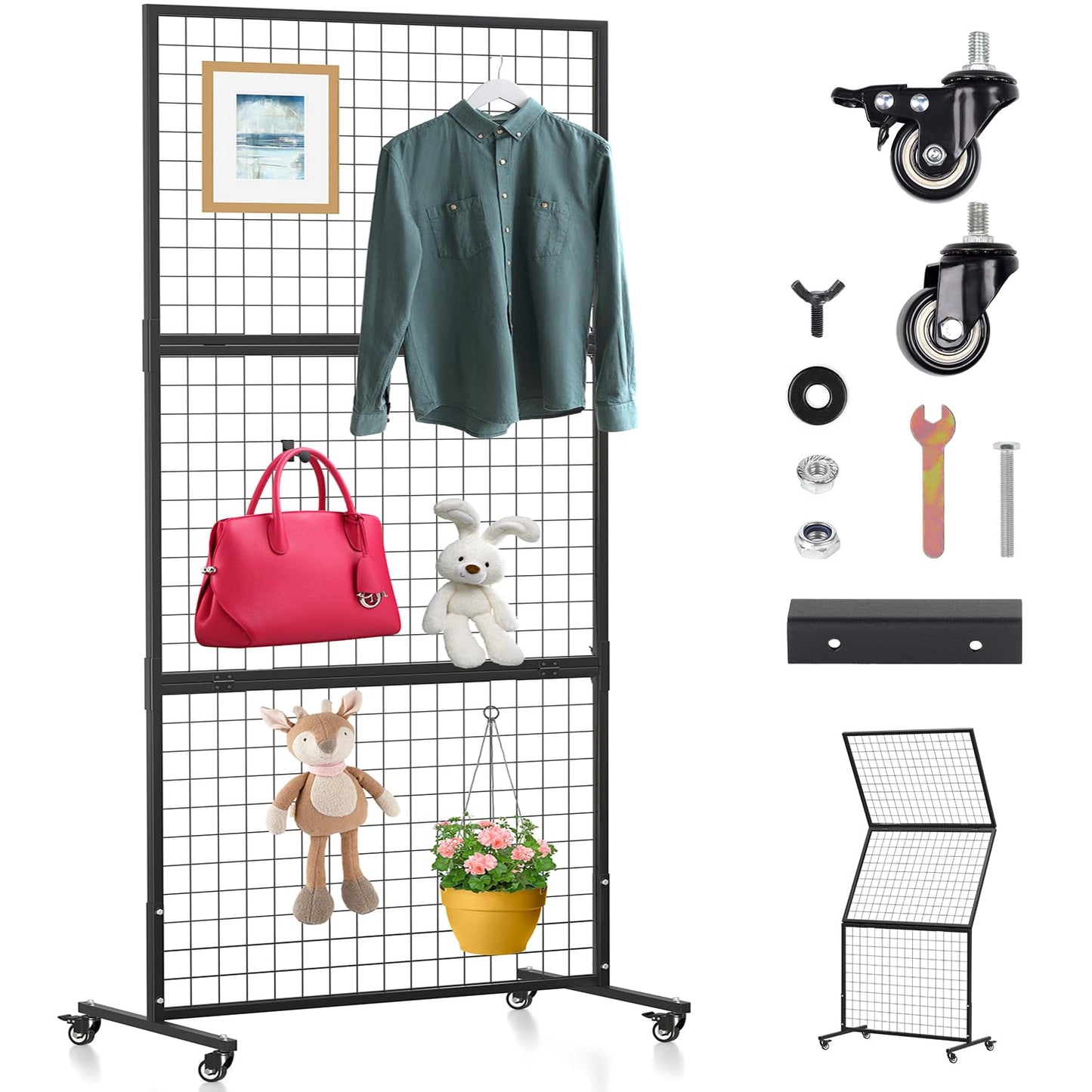 1 Pack Heavy Duty 3' x 6' Gridwall Panels Standing Wire Grid, Study Display Rack with T-Base Wheels, Suitable for Craft Merchandise Display Item Storage (Black)