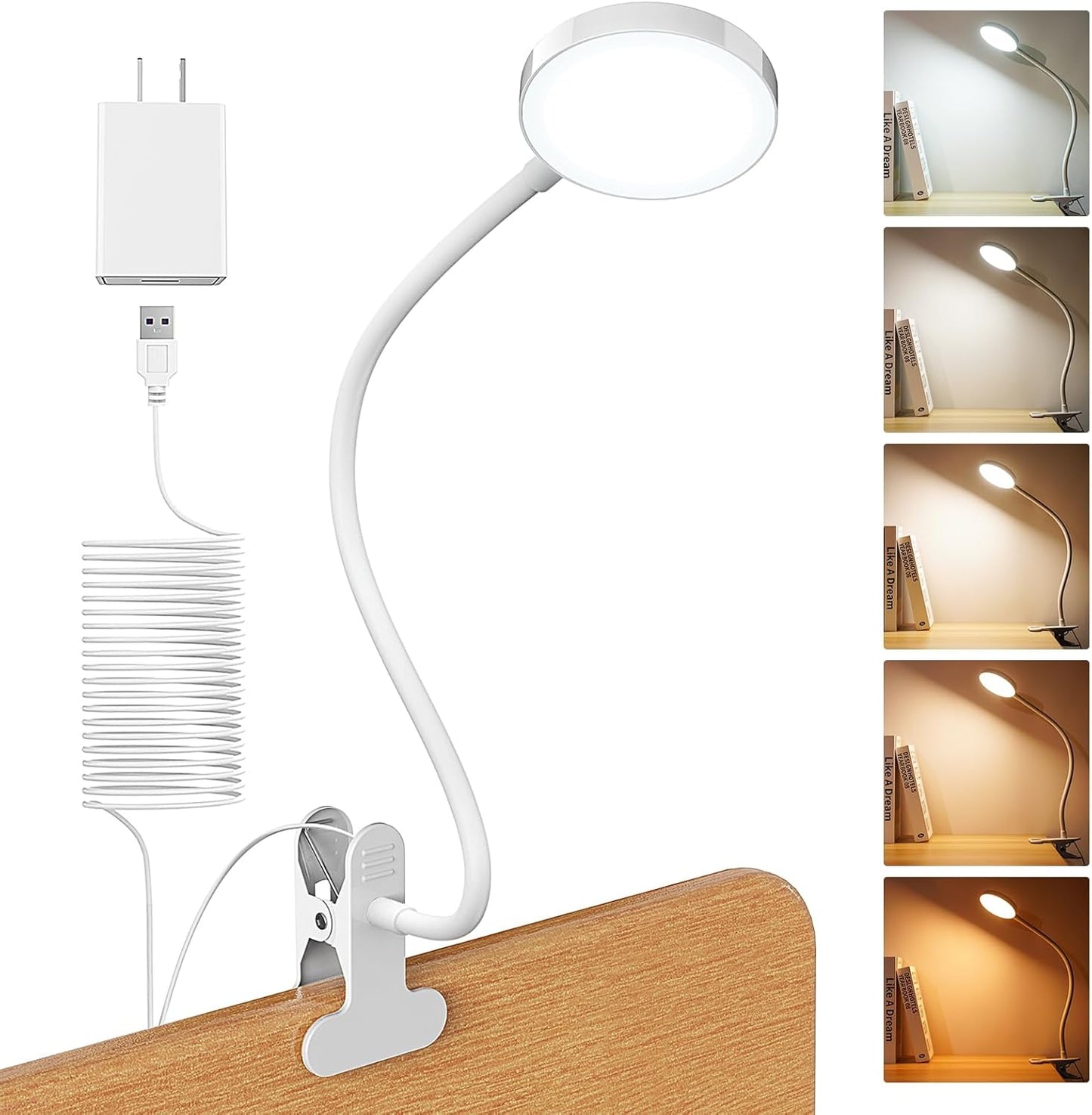 LiFMIRA Clip-on Lamp Reading Light - 5 Color Modes, 10 Brightness Levels, 8W, 66 LED, Eye-Caring Metal Clamp Light with Gooseneck for Bed, Headboard, Desk, Video Conferencing, Makeup